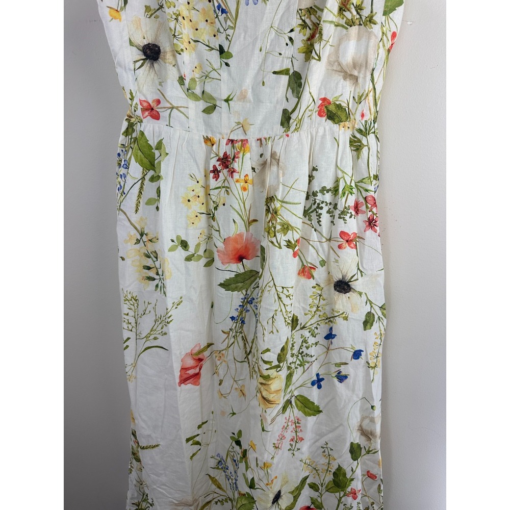 H&M LinenBlend Floral Midi Dress Medium White Wildflower Smocked Dainty Romantic - Picture 4 of 13